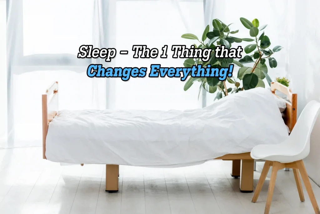 a cozy bed with text above it about sleep