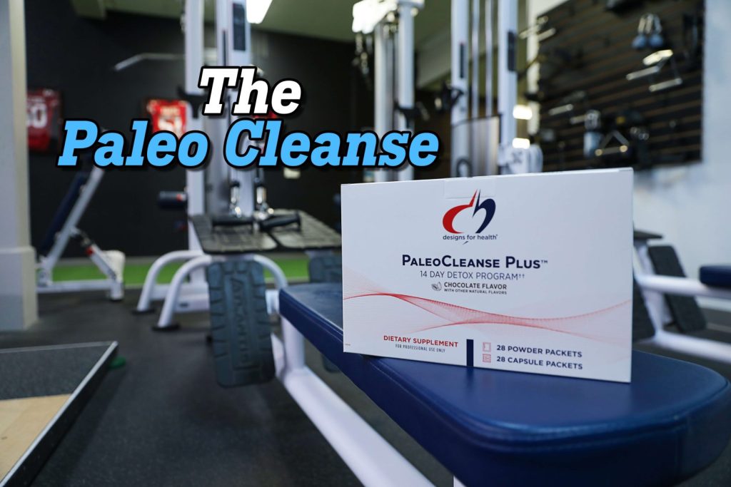 An image of a box of Paleo Cleanse supplements made by by Designs for Health with text on the image that says "The Paleo Cleanse"